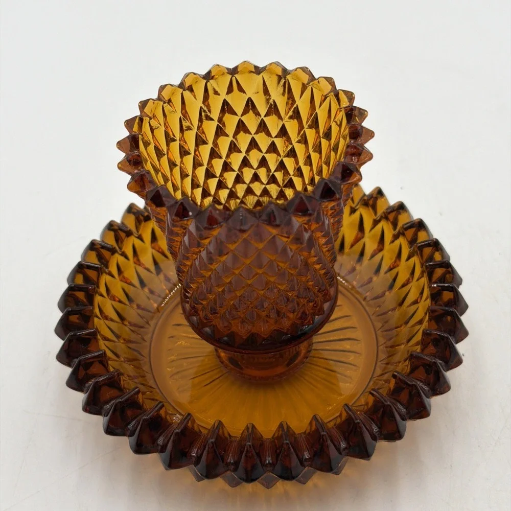Vintage Indiana Glass Amber Diamond Point Candle Holder/Votive Cup 5
